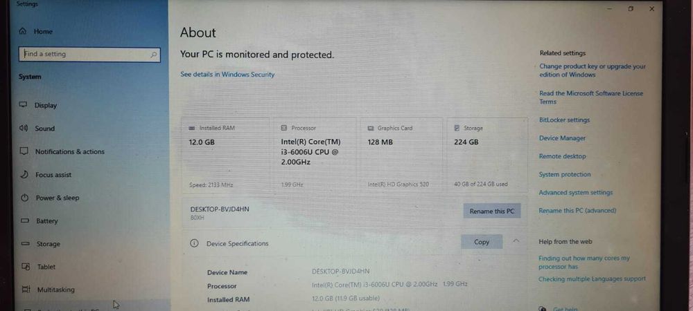 Laptop Lenovo core i3 ,  12 gb ram ssd 240