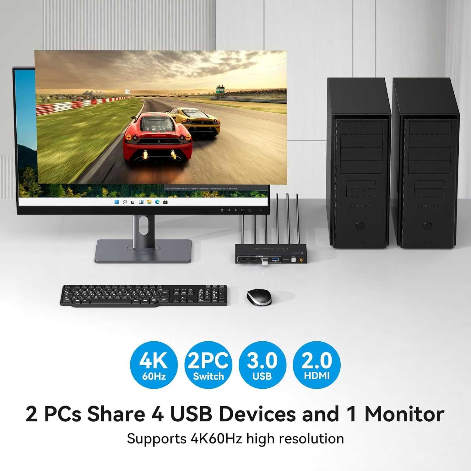 НОВ! HDMI KVM превключвател, 2 PC към 1 монитор, 4K 60Hz+USB 3.0