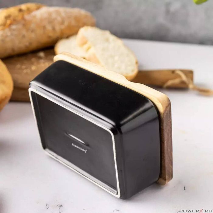 Cutie pentru unt din ceramica, untiera, neagra, cu capac din lemn de