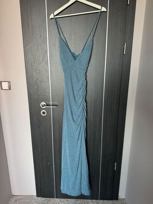 Официална бляскава синя дълга рокля