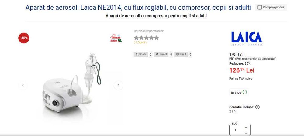 Aparat de Aerosoli cu Piston LAICA NE2014 (Inhalator) – Set Complet