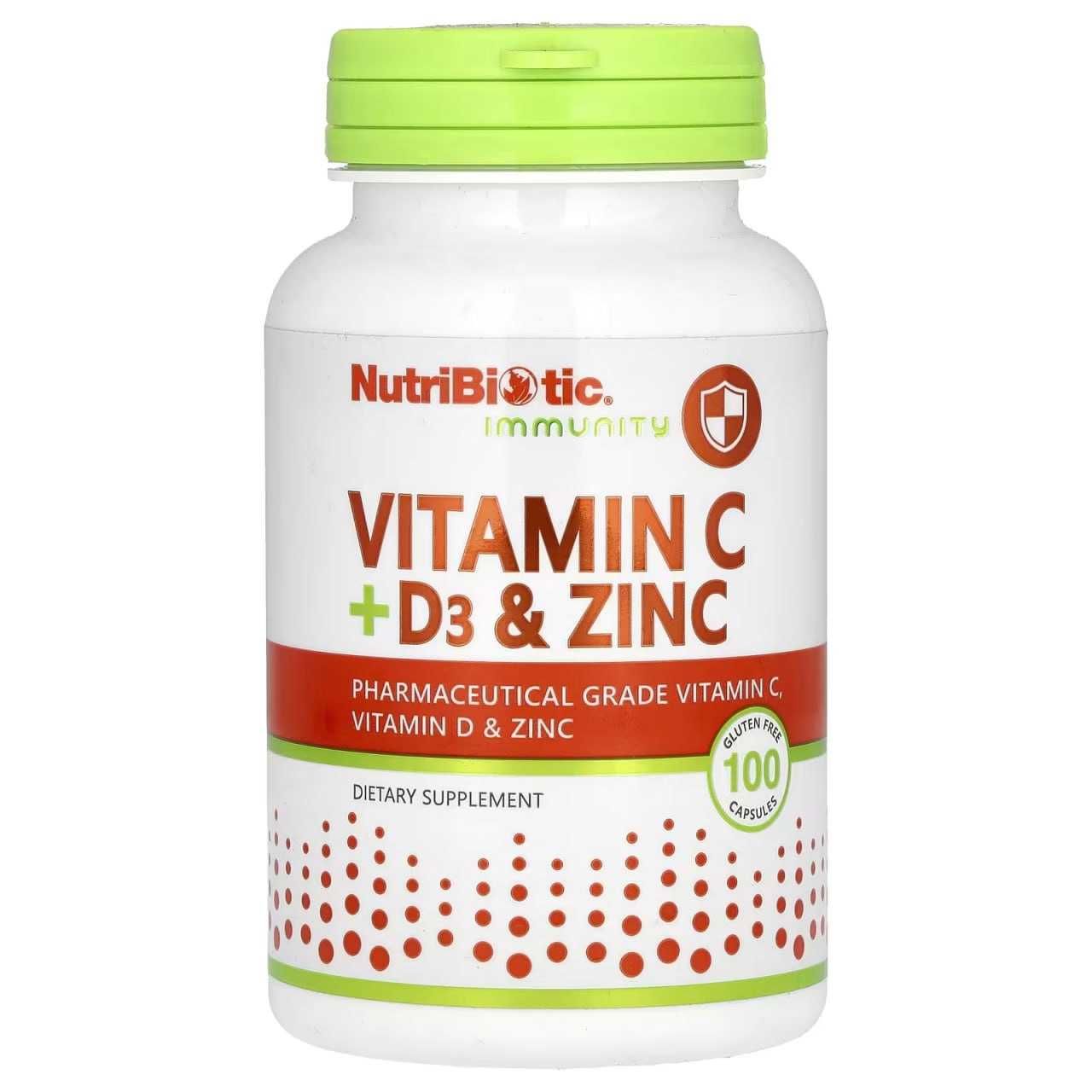 NutriBiotic, витамины C + D3 и цинк, 100 капсул.    витамин д3