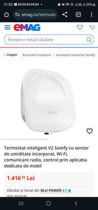 Termostat inteligent V2 Somfy cu senzor de umiditate incorporat, Wi-Fi