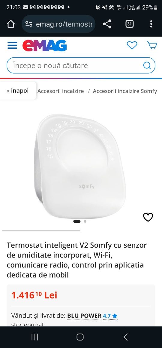 Termostat inteligent V2 Somfy cu senzor de umiditate incorporat, Wi-Fi