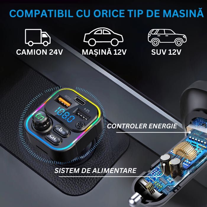 Modulator FM Bricheta NETSTAT® Bluetooth 5.3 QC3.0+PD20W RGB Negru