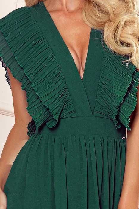 Rochie eleganta verde,cu volane plisate si decolteu ,lunga, nou