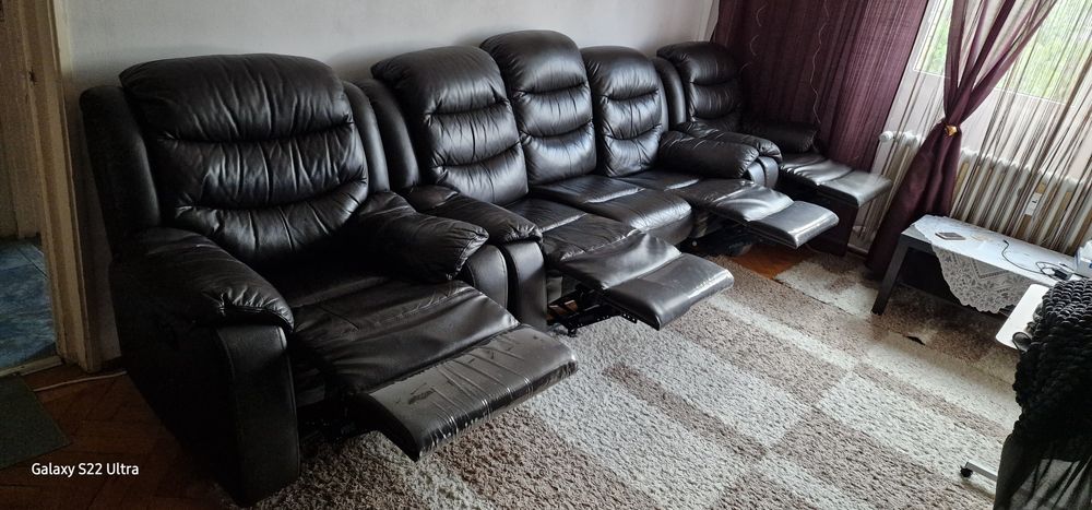Set canapea 3 locuri + 2 fotolii recliner pret pe bucata piele eco