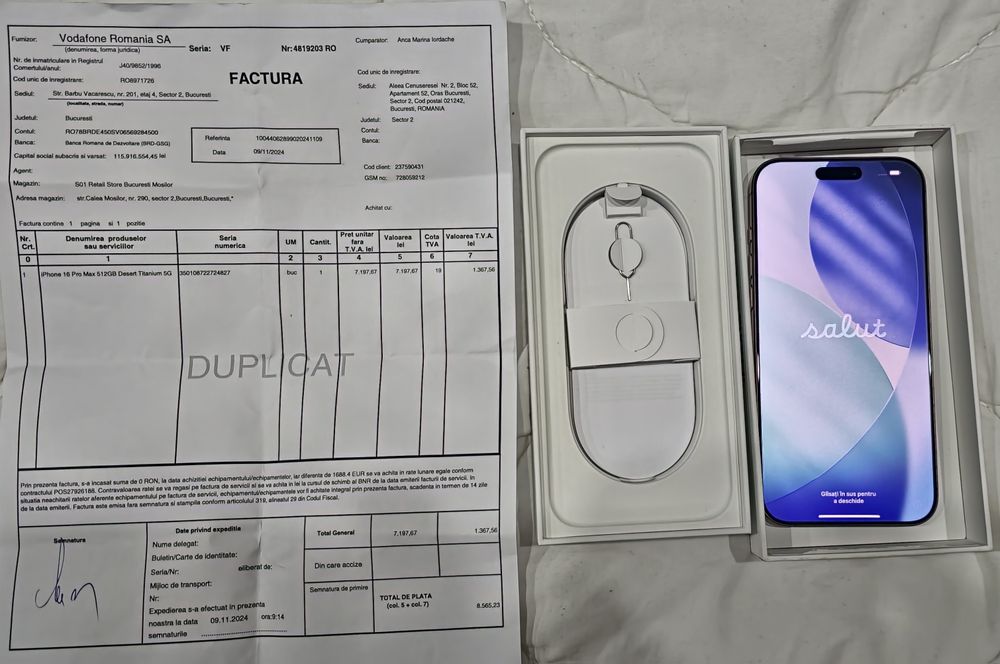 IPhone 16 Pro Max, baterie 100% ca nou,cutie cu accesorii, garanție 1