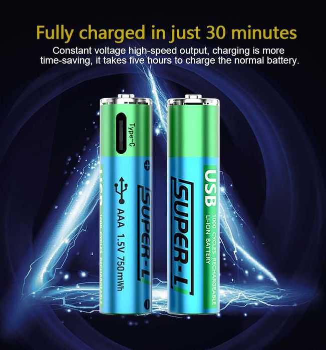 2 штук АА Li-ion батарейки 1.5V 2500 mWh USB с USB кабель (Super-L)