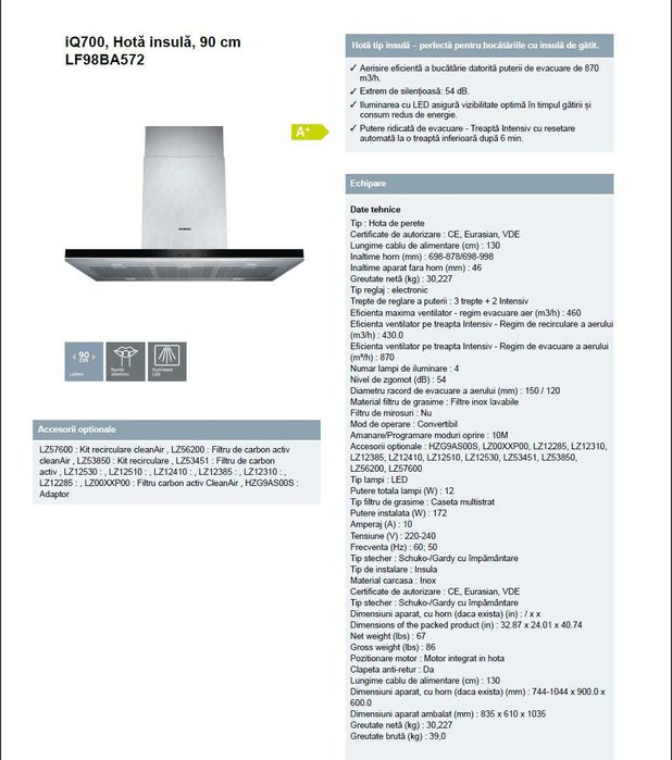 SIEMENS iQ700, Hotă insulă, 90 cm, LF98BA572, noua, nefolosita!