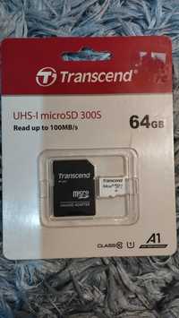 Карта памяти Micro SDXC 64Gb Transcend, Class 10 UHS-I U3, адаптер