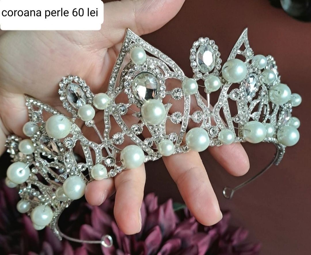 Set coroana colier si cercei pt mireasa perle bijuterii nunta perle