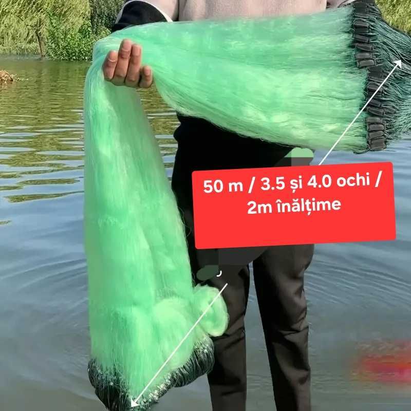 Plasa pescuit în 3 straturi, 50m L, cu 2 m înălțime , ochi 3.5 și 4.0
