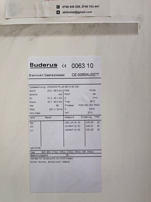 Centrala pe gaz marca BUDERUS cu acoperire 400 mp
