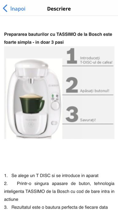 Espressor Bosh Tassimo; suport pt capsule.