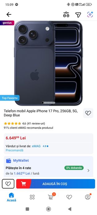 Vând iPhone 17 pro, 256gb, deep blue, achiziționat din Miami