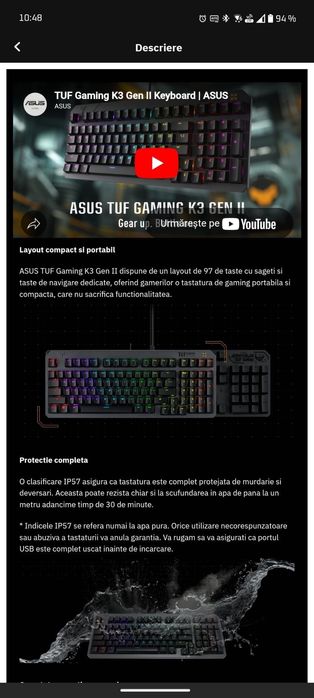 Tastatură Gaming Asus Tuf K3 Gen 2 USB