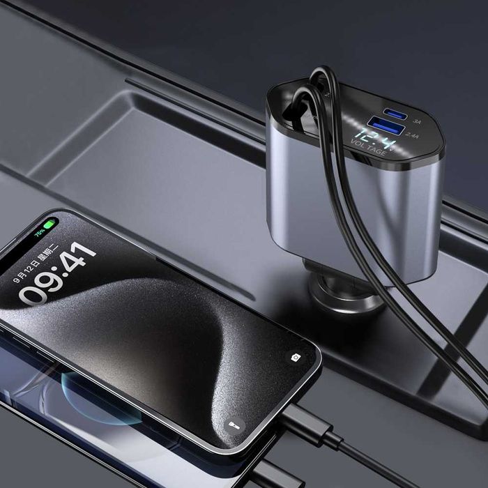 Încărcător Auto Retractabil 4 în 1 cu Încărcare Rapidă–USB-C Lightning