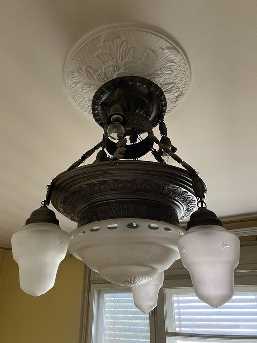 Candelabru vechi vintage retro, 7 brațe, metal plus sticlă