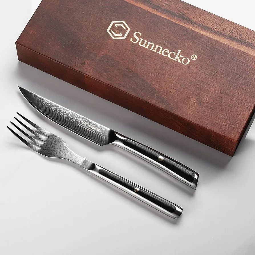 Sunnecko set japonez cutit si furculita din otel de damasc prefesional