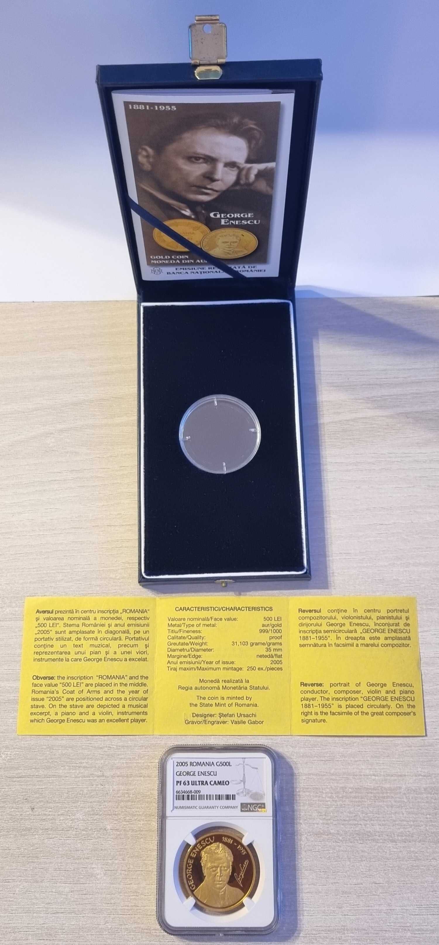 Moneda BNR 500 lei aur, George Enescu, gradata NGC PF 63