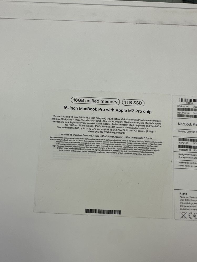 Macbook pro 16 inch M2 16/1tb 2023