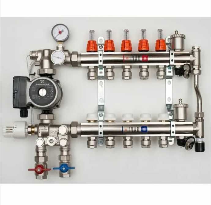 Коллектор теплого пола на 5 контуров вместе со смесительным узлом