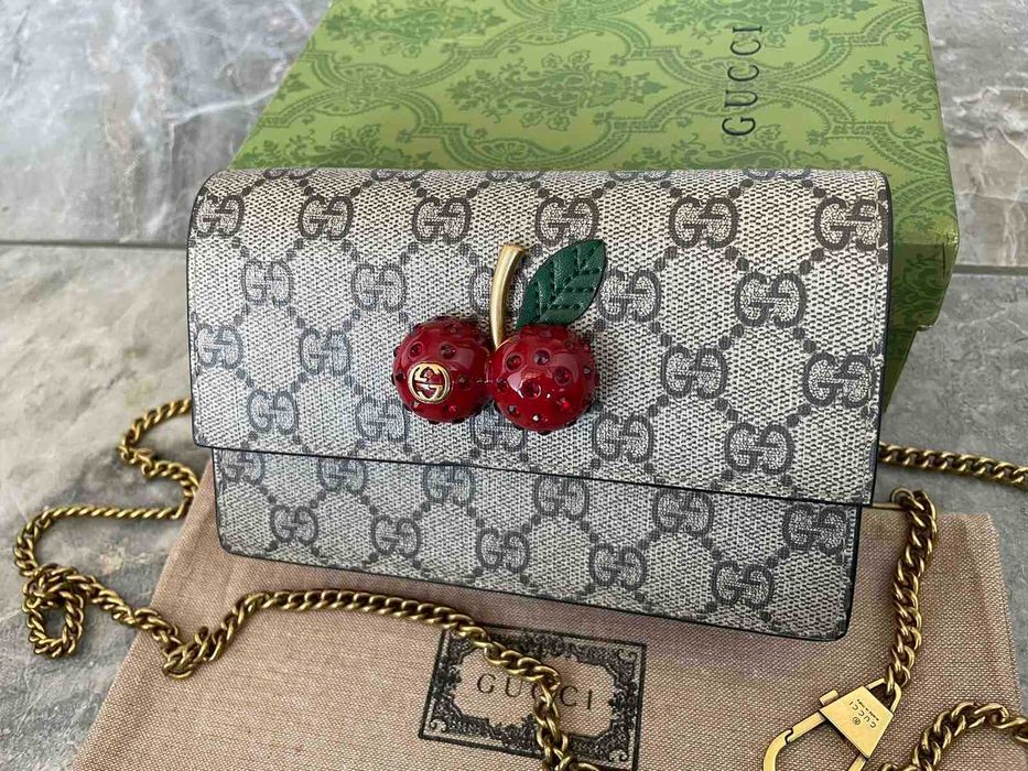 GUCCI Mini Geantă de pânză pentru femei Supreme cu cireșe Authentic