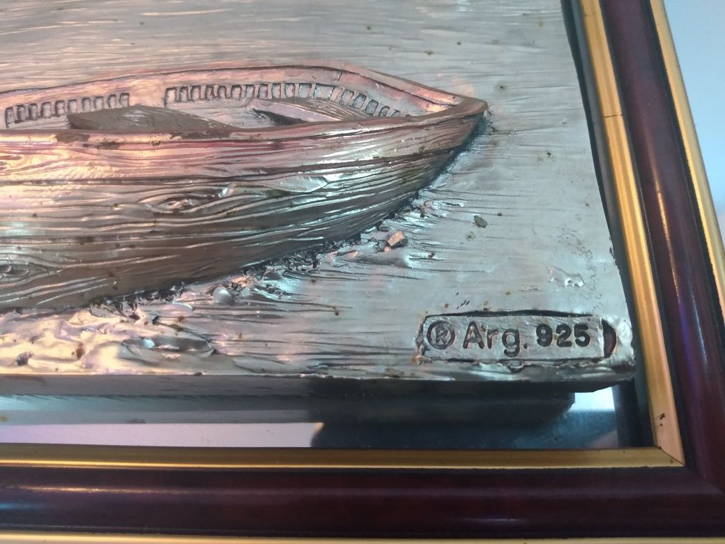 Tablou in relief argint 925, oglinda cristal, barca-pescuit, Italia