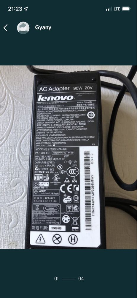 Inacarcator lenovo 20V ,4.5 A 90W