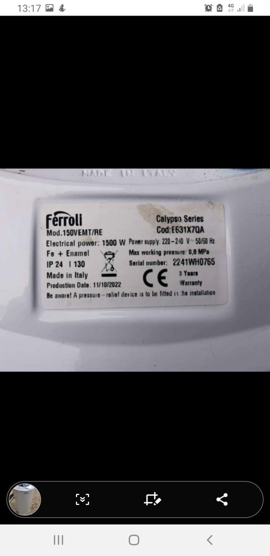 Boiler ferroli 150 litri nou