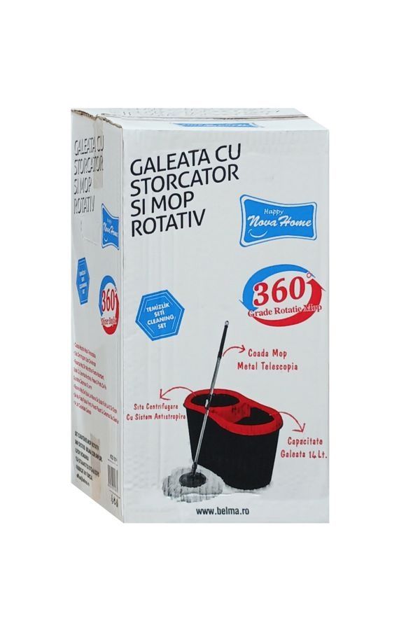 Set mop rotativ si galeata cu stoarcere automata, Nova Home, Negru, 14