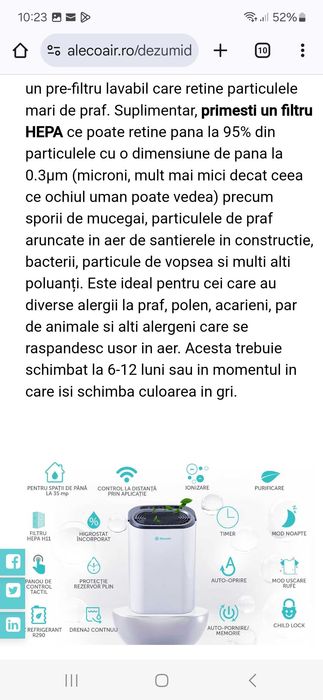 Vand dezumidificator Alecoir D16 purify impecabil in garantie