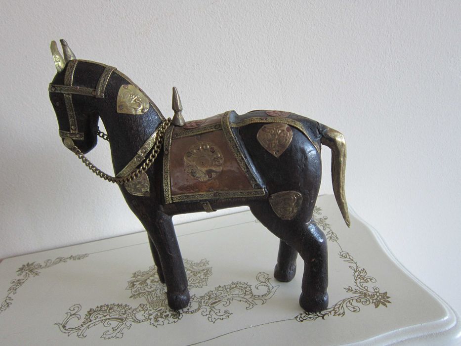 cadou rar Craciun Cal Căluț antic vintage lemn alama bronz cupru