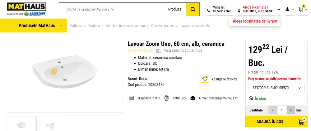 Chiuveta Lavoar Zoom Uno, 55 cm, alb, ceramica nou