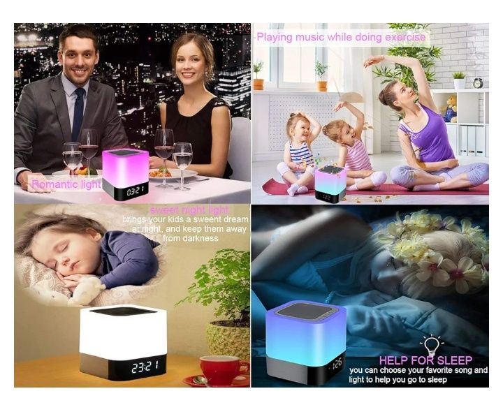 Lampă de noptieră cu ceas deșteptător, difuzor Bluetooth, lumină de no