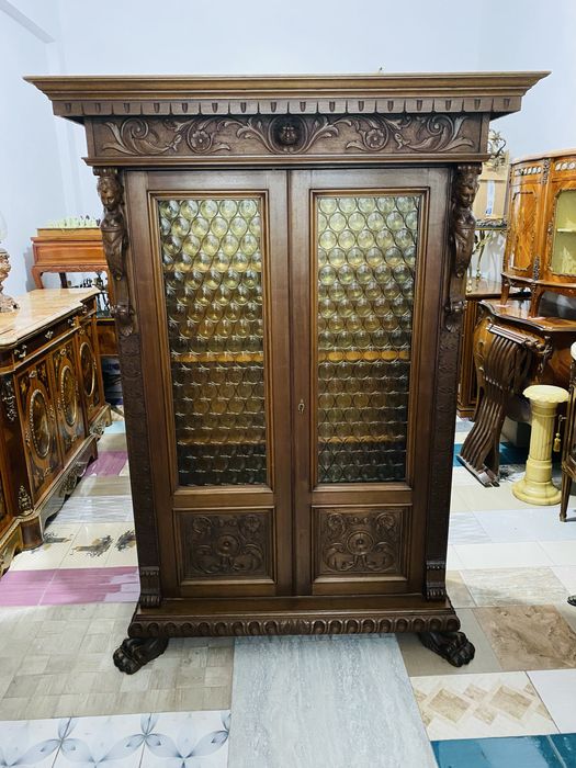 Biblioteca Dulap Lemn Vintage Sculpturi Picioare Gheare Leu