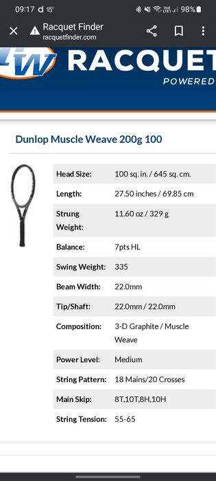 Racheta profesionala tenis Dunlop Muscle Wave 200g 100 in2