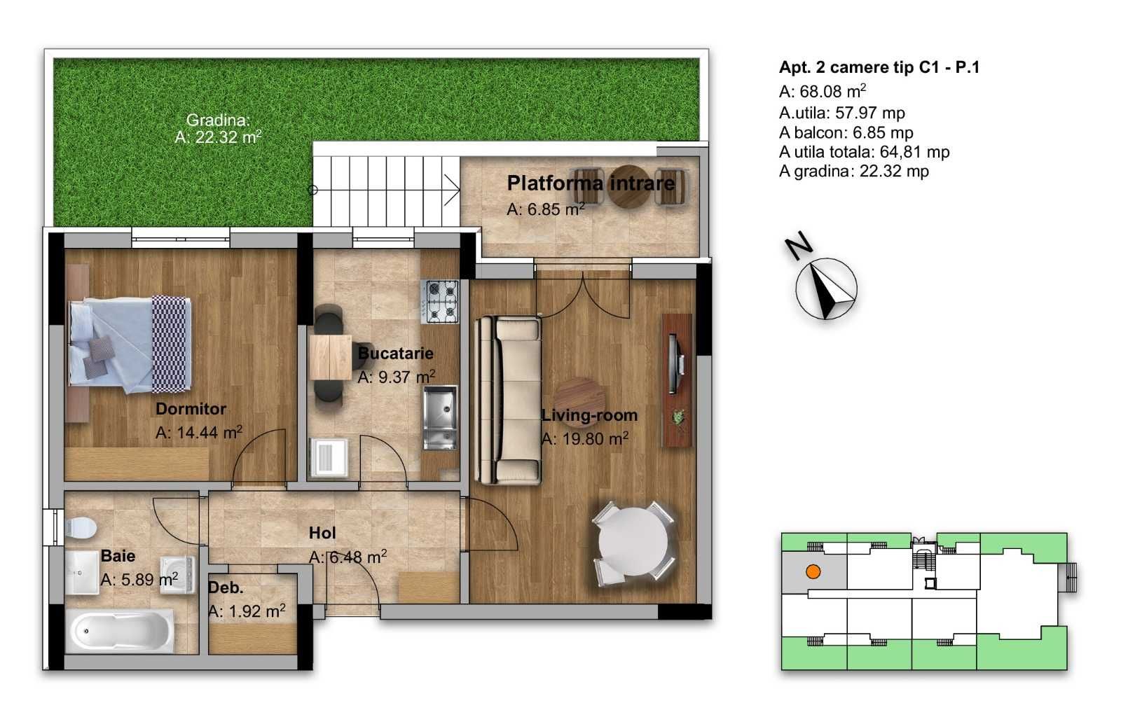 Apartament cu doua camere cu gradina/terasa
