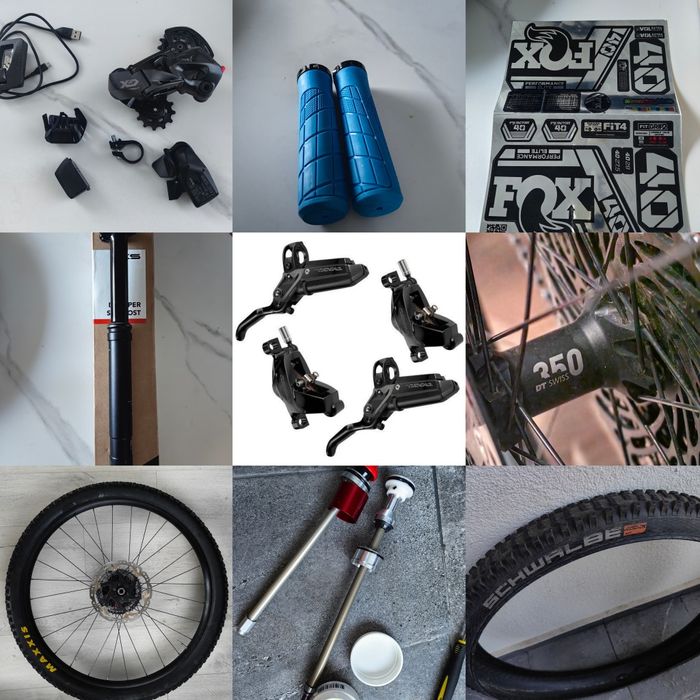 Piese bicicleta, schimbator, roata, frane Sram, dropper, sticker