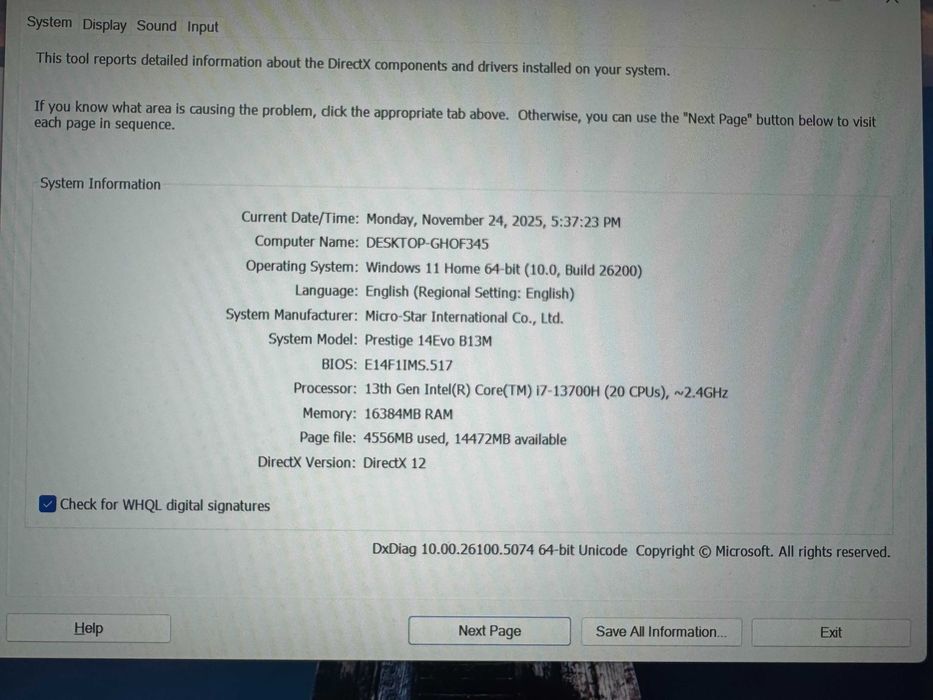 Laptop MSI Prestige 14Evo B13M, Intel i7 13700H, 16GB RAM, 1TB SSD