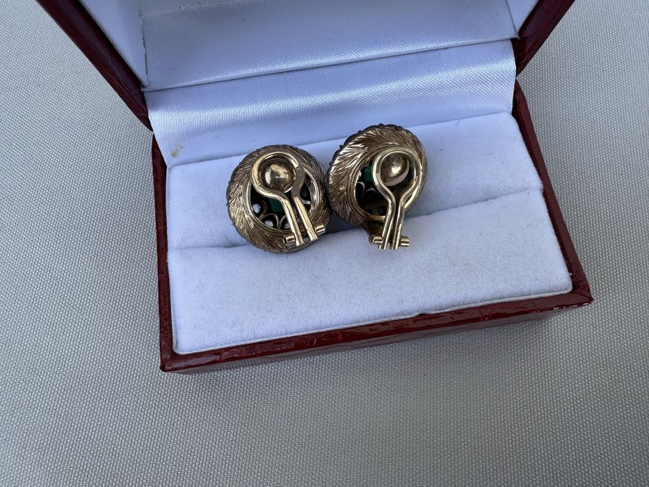 Cercei clips aur 14 k, argint, diamante si smarald