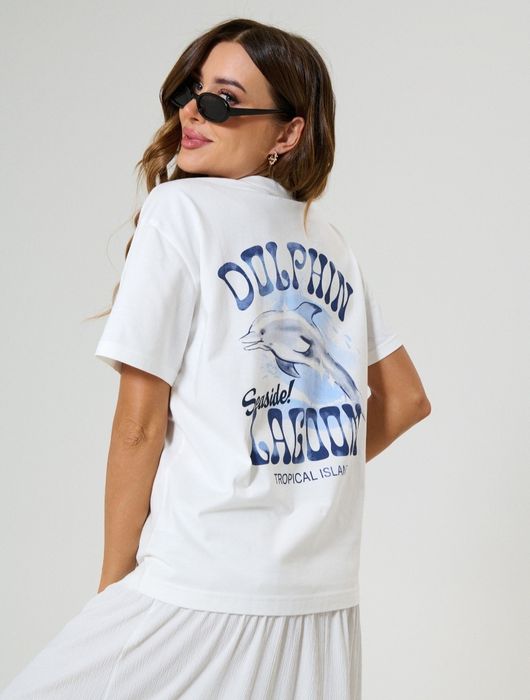 Нова дамска бяла тениска памук с принт Sinsay размер XXS