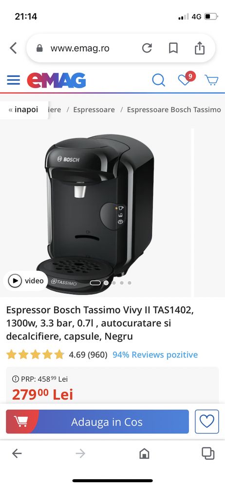 Vand Espressor Bosch Tassimo Vivy II TAS1402, 1300w, 3.3 bar, 0.7l , a