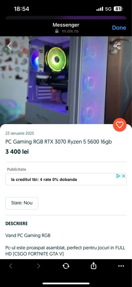 vand pc gaming, folosit foarte putin