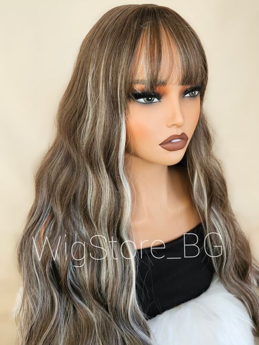Дълга къдрава кестенява перука на кичури с бретон