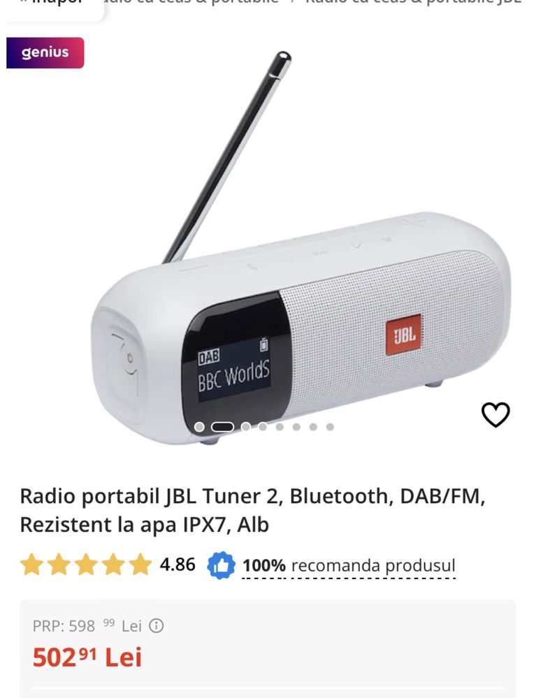 JBL Tuner 2, Bluetooth, DAB/FM, sigilat, transport inclus