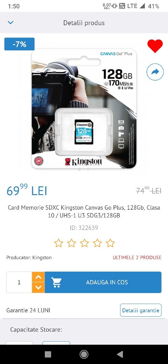 Card Memorie SDXC Kingston Canvas Go Plus, 128Gb, Clasa 10 / UHS-1
