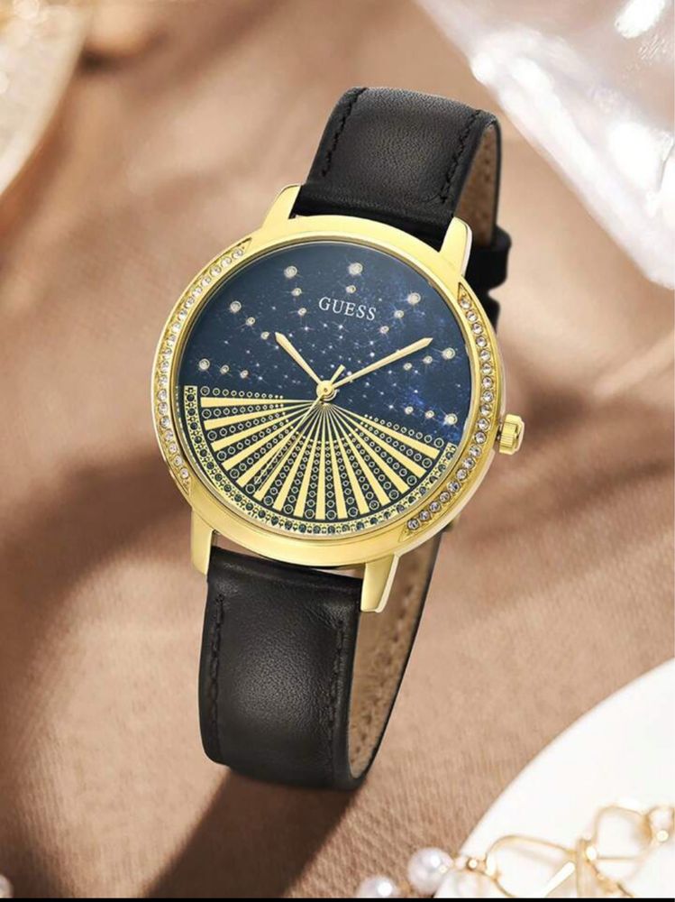 Ceas Guess Ladies Dual Tone, Cadran Galaxy, Curea Piele Neagra, Nou!