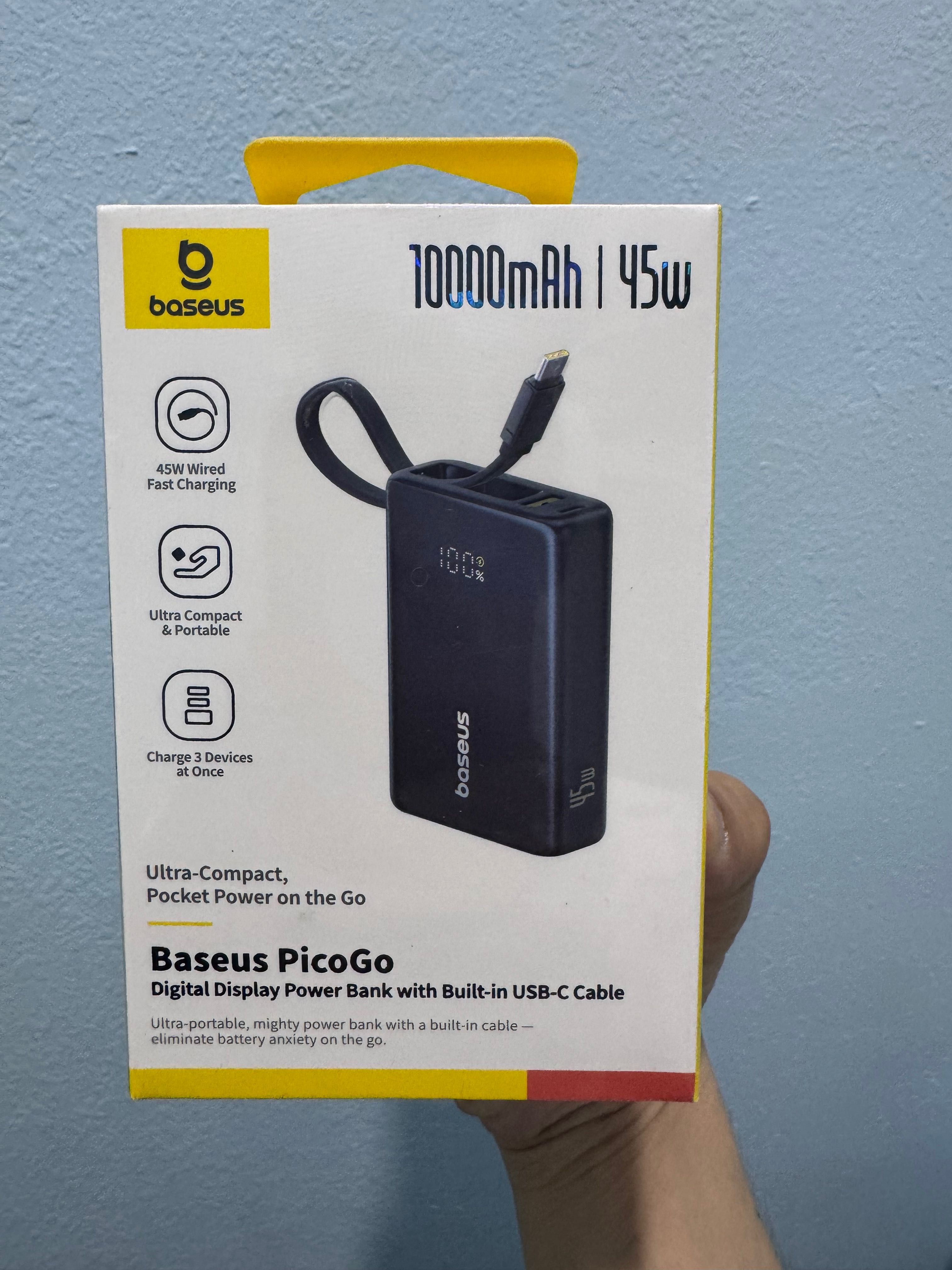 Baseus Power Bank Picogo 10000mAh 45W 3-Output Built-in USB-C cable PD